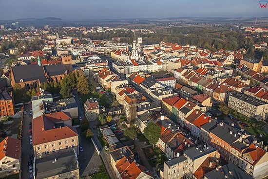 Zabkowice Slaskie, panorama na Stare Miasto. EU, PL, Dolnoslaskie. Lotnicze.